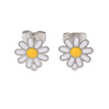 304 Stainless Steel Studs Earring Findings, with Enamel, Flower, Stainless Steel Color, 10x10mm, Pin: 12x0.7mm