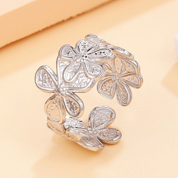 304 Stainless Steel Cuff Open Rings, Flower, Stainless Steel Color, 17mm