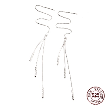 Rhodium Plated 925 Sterling Silver Long Ear Thread, Tiny Bar with Long Chain Tassel Drop Earrings for Women, Platinum, 148mm, Pin: 0.8mm