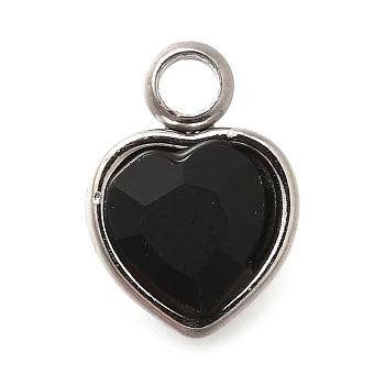 304 Stainless Steel with Rhinestone Pendants, Heart, Jet, 9.5x6.5x4.5mm, Hole: 1.6mm