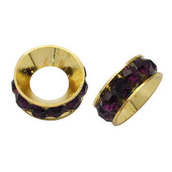 Brass Rhinestone Spacer Beads, Grade A, Rondelle, Golden Metal Color, Amethyst, 9x4mm, Hole: 4mm