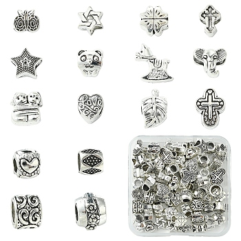 64Pcs 16 Styles Tibetan Style Alloy European Large Hole Beads, Mixed Shapes, Antique Silver, 7~15x7~11.5x6~9mm, Hole: 2~6.5mm, 4pcs/style