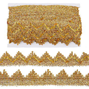 13M Sequin Polyester Wavy Lace Ribbon, for Garment Accessories, Gold, 1-5/8 inch(40mm), about 14.22 Yards(13m)/Card