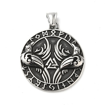 Viking 304 Stainless Steel Manual Polishing Pendants, Flat Round with Crow & Valknut & Helm of Awe, Antique Silver, 44x38.5x4.5mm, Hole: 4x8.5mm