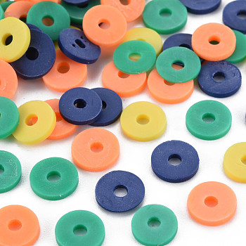 4 Colors Handmade Polymer Clay Beads, Heishi Beads, Disc/Flat Round, Light Salmon & Champagne Yellow & Midnight Blue & Medium Aquamarine, 8x0.5~1.5mm, Hole: 2mm, about 11500pcs/1000g