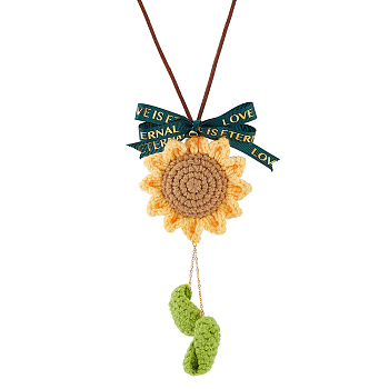 Crochet Sunflower Leaf Bowknot Hanging Pendant Decorations, for Auto Rear View Mirror and Car Interior Hanging Accessories, Goldenrod, 434mm