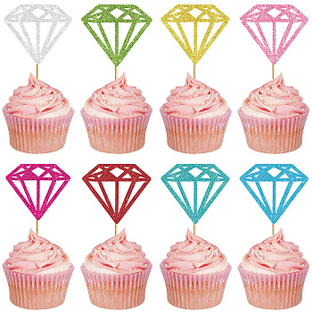 Paper & Glitter Sequins Cake Toppers with Bamboo Stick, Cake Insert Cards, for Cake Decoration, Diamond, 70x61mm, 24pcs/set