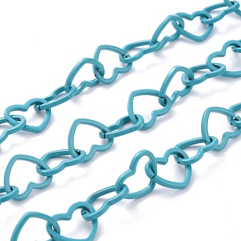 Spray Painted Brass Heart Link Chains, with Spool, Unwelded, Dark Turquoise, 15.5x19x2mm, 32.8 Feet(10m)/roll