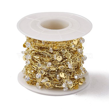 Brass Rectangle & Cubic Zirconia Flat Round Link Chains(CHC-P010-05G)-3