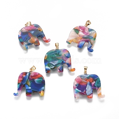 Golden Colorful Elephant Brass+Resin Pendants