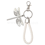 Alloy Enamel & Crystal Rhinestone & PU Leather Strap Keychain, Dragonfly, Platinum, White, 140mm(KEYC-YW00306-01)