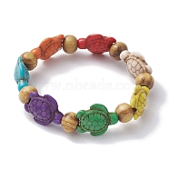 Beach Turtle Dyed Synthetic Turquoise Stretch Bracelets, Summer Wood Beaded Kid Bracelets for Girls, Colorful, Inner Diameter: 1-5/8~1-7/8 inch(4.05~4.85cm), Bead: 7x8~8.5mm, Turtle: 17~18x13~14mm(BJEW-JB10297-02)