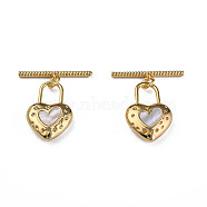 Brass Toggle Clasps, with Natural Shell, Nickel Free, Heart, Real 18K Gold Plated, 27mm, Hole: 1.2mm(KK-N233-368LG)