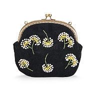 SHEGRACE Corduroy Women Evening Bag, with Embroidered Milk Cotton Flowers, Alloy Flower Purse Frame Handle, Alloy Twisted Curb Chain, Black, 200x200mm(JBG008C-03)