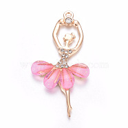 Resin Big Pendants, with Golden Plated Alloy Findings and Rhinestone, Ballet Girl, Pink, 60x31x4mm, Hole: 2mm(ALRI-WH0004-A01)