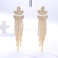 Real 18K Gold Plated Brass Dangle Stud Earrings, Rhinestone Tassel Earrings, Leaf, No Size(WY4704-1)