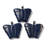 Natural Sodalite Carved Pendants, Butterfly Charms with Platinum Plated Brass Snap on Bails, 30x35.5x7mm, Hole: 7x4.5mm(G-B067-01C)
