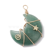 Natural Green Aventurine Copper Wire Wrapped Pendants, Moon with Star Charms, Golden, 44.5x35x11.5mm, Hole: 4mm(PALLOY-JF02685-03)