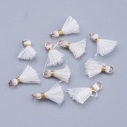 Nylon Tassels Pendant Decorations, Mini Tassel, with Golden Tone Iron Findings, White, 10.5~14.5x2.5~3mm, Hole: 2mm(STAS-F142-05A)