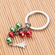 Glass Pearl Bead Keychain, with Alloy Findings for Christmas, Colorful, 100mm(X-KEYC-JKC00074)