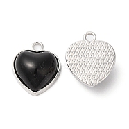 Alloy Pendants, Resin Heart Charms, Platinum, Black, 16.5x14x6.5mm, Hole: 2mm(ENAM-D050-05P-02)