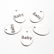 Spray Painted Stainless Steel Family Theme Pendants, Oval with Word Baby, Stainless Steel Color, 30x22x1mm, Hole: 3mm(STAS-I048-K07)