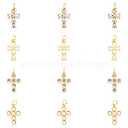 12Pcs 2 Style Rack Plating Brass Micro Pave Clear Cubic Zirconia Pendants, with Jump Rings, Long-Lasting Plated, Cadmium Free & Lead Free, Cross, Real 18K Gold Plated, 15~16.5x9~11x2.5~3mm,  jump rings: 5x0.9mm, Hole: 3.2mm, 6pcs/style(ZIRC-HY0001-02)