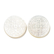 Carved Natural White Shell Cabochons, Flat Round, Creamy White, 15x2~3mm(SSHEL-N038-06B-09)