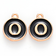 Golden Plated Alloy Charms, Cadmium Free & Lead Free, with Enamel, Enamelled Sequins, Flat Round with Letter, Black, Letter.O, 14x12x2mm, Hole: 1.5mm(ENAM-S118-02O)