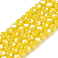 Electroplate Glass Beads Strands, Opaque Solid Color, AB Color Plated, Faceted, Rondelle, Yellow, 4x3mm, Hole: 0.4mm, about 113~115pcs/strand, 41~41.5cm(EGLA-A044-P4mm-B04)