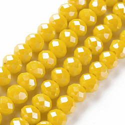 Electroplate Glass Beads Strands, Pearl Luster Plated, Faceted, Rondelle, Yellow, 10x8mm, Hole: 1mm, about 63~65pcs/strand, 49~50cm(EGLA-A034-P10mm-A07)