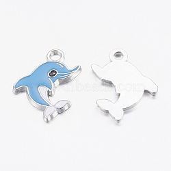 Alloy Enamel Pendants, Cadmium Free & Lead Free, Dolphin, Platinum, Deep Sky Blue, about 26.5mm long, 20mm wide, 2mm thick, hole: 2.5mm(X-EA2908Y-4)
