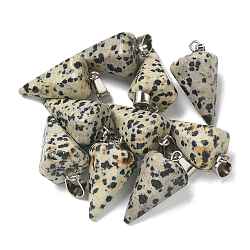 Natural Dalmatian Jasper Pendants, with 201 Stainless Steel Finding, Cone, 25x15mm, Hole: 4x7mm(G-B127-13P-02)