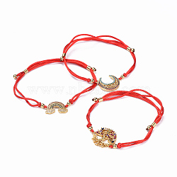 Adjustable Nylon Cord Bracelets, Red String Bracelets, with Brass Micro Pave Cubic Zirconia Links, Packing Box, Mixed Shapes, Red, 1 inch~3-1/4 inch(2.4~8.3cm), 2mm(BJEW-JB04430)