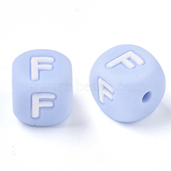 Food Grade Eco-Friendly Silicone Beads, Horizontal Hole, Chewing Beads For Teethers, DIY Nursing Necklaces Making, Letter Style, Cube, Light Sky Blue, Letter.F, 10x10x10mm, Hole: 2mm(SIL-R011-10mm-02F)