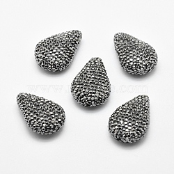 Handmade Polymer Clay Rhinestone Beads, teardrop, Hematite, 28~29x19x9mm, Hole: 1.5mm(RB-L030-34A)