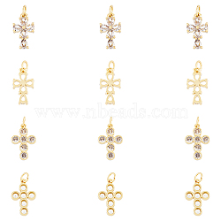 12Pcs 2 Style Rack Plating Brass Micro Pave Clear Cubic Zirconia Pendants, with Jump Rings, Long-Lasting Plated, Cadmium Free & Lead Free, Cross, Real 18K Gold Plated, 15~16.5x9~11x2.5~3mm,  jump rings: 5x0.9mm, Hole: 3.2mm, 6pcs/style(ZIRC-HY0001-02)