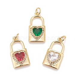 Brass Micro Pave Cubic Zirconia Pendants, Real 18K Gold Plated, Lead Free & Cadmium Free, Lock, Mixed Color, 20x11x5mm, Hole: 3mm(KK-A161-30G)