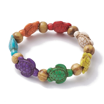 Beach Turtle Dyed Synthetic Turquoise Stretch Bracelets, Summer Wood Beaded Kid Bracelets for Girls, Colorful, Inner Diameter: 1-5/8~1-7/8 inch(4.05~4.85cm), Bead: 7x8~8.5mm, Turtle: 17~18x13~14mm