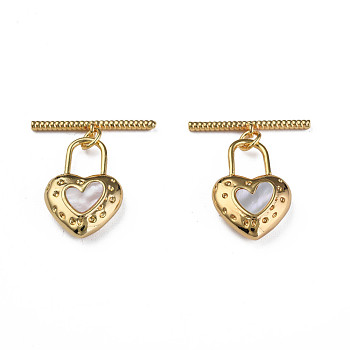 Brass Toggle Clasps, with Natural Shell, Nickel Free, Heart, Real 18K Gold Plated, 27mm, Hole: 1.2mm