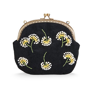 SHEGRACE Corduroy Women Evening Bag, with Embroidered Milk Cotton Flowers, Alloy Flower Purse Frame Handle, Alloy Twisted Curb Chain, Black, 200x200mm