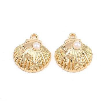 Rack Plating Alloy and ABS Imitation Pearl Pendants, Shell Shape with Starfish Charms, Cadmium Free & Lead Free & Nickel Free, Golden, 20x18.5x5.5mm, Hole: 1.8mm