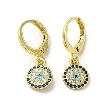 Real 18K Gold Plated Brass Dangle Leverback Earrings, with Cubic Zirconia, Flat Round, 23x8mm