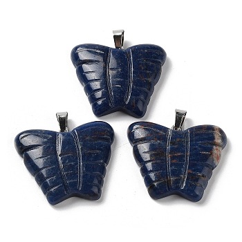 Natural Sodalite Carved Pendants, Butterfly Charms with Platinum Plated Brass Snap on Bails, 30x35.5x7mm, Hole: 7x4.5mm