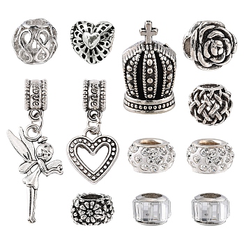 DIY European Beads Making Finding Kit, Including Alloy Beads & Dangle Charms, Polymer Clay Rhinestone & Glass Beads, Antique Silver, 12pcs/bag