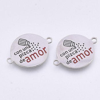 304 Stainless Steel Quote Links Connectors, with Enamel, Flat Round with Word, Stainless Steel Color, 21.5x16x1mm, Hole: 1.4mm