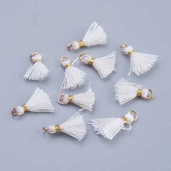 Nylon Tassels Pendant Decorations, Mini Tassel, with Golden Tone Iron Findings, White, 10.5~14.5x2.5~3mm, Hole: 2mm