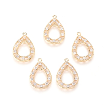 Brass Micro Pave Clear Cubic Zirconia Links connectors, Teardrop, Real 18K Gold Plated, 20.5x14x2mm, Hole: 1.2mm