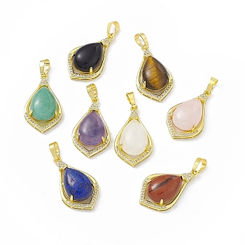 Natural Mixed Gemstone Pendants, Teardrop Charms, with Golden Tone Rack Plating Brass Findings, Cadmium Free & Lead Free, 32x18.5x9.5mm, Hole: 8x4.5mm
