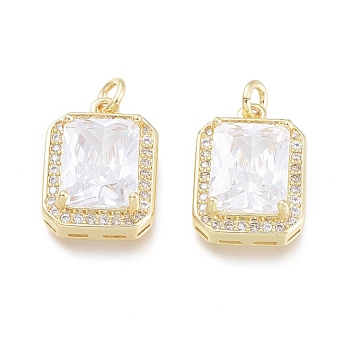 Brass Micro Pave Cubic Zirconia Charms, with Jump Rings, Rectangle, Clear, Real 18K Gold Plated, 14.5x10x4.8mm, Hole: 1.6mm